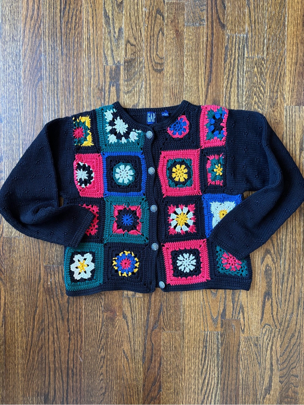 Vintage GAP Hand Knit Cotton Crochet Patchwork Colorful 90s Cardigan S M
